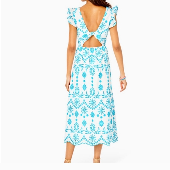 Lilly Pulitzer $328 Lillyanne Neon Turquoise Oasis Tie Back Midi Dress - Picture 4 of 17